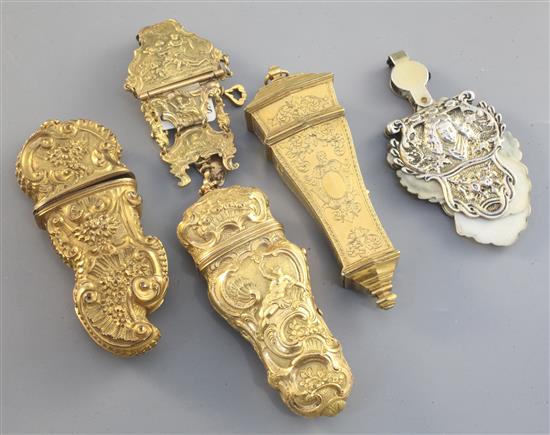 A group of three gilt metal etuis and a parcel gilt silver and ivory pendant notebook, cover various dates, largest 7.25in.